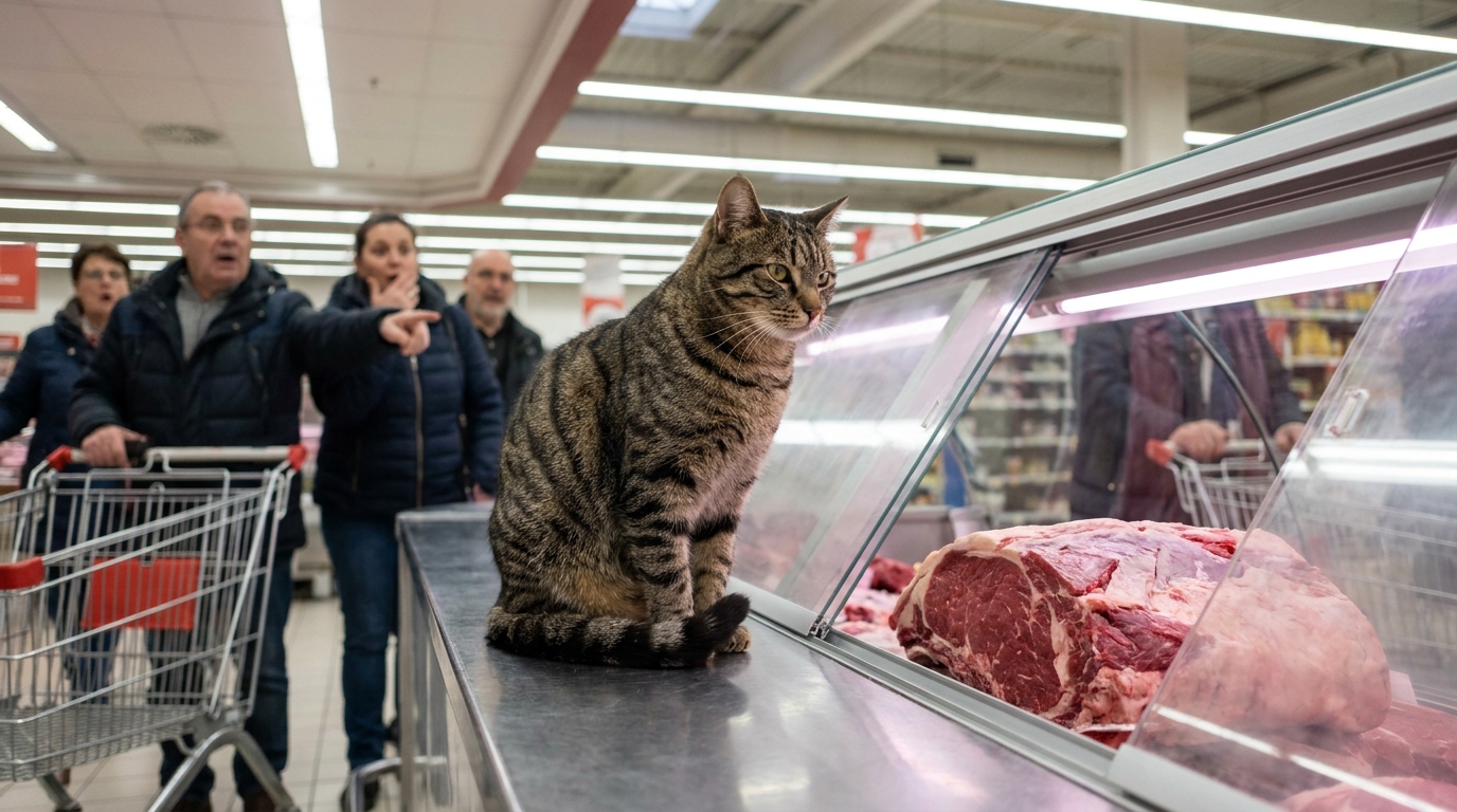 Un chat tigré assis sur le comptoir du rayon boucherie d'un supermarché, regardant un morceau de viande avec envie.