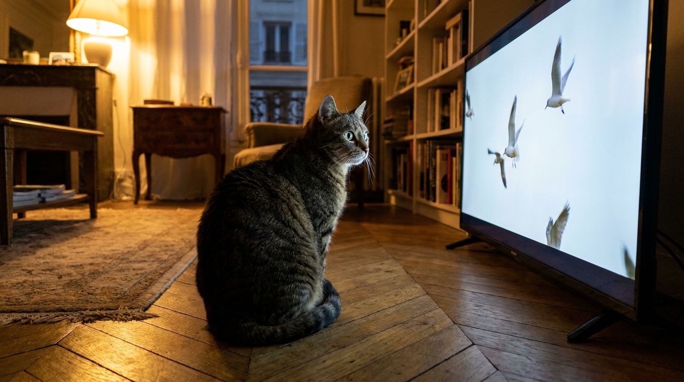 Un chat tigré assis sur un tapis dans un salon, fixant intensément un écran de télévision plat et lumineux allumé.