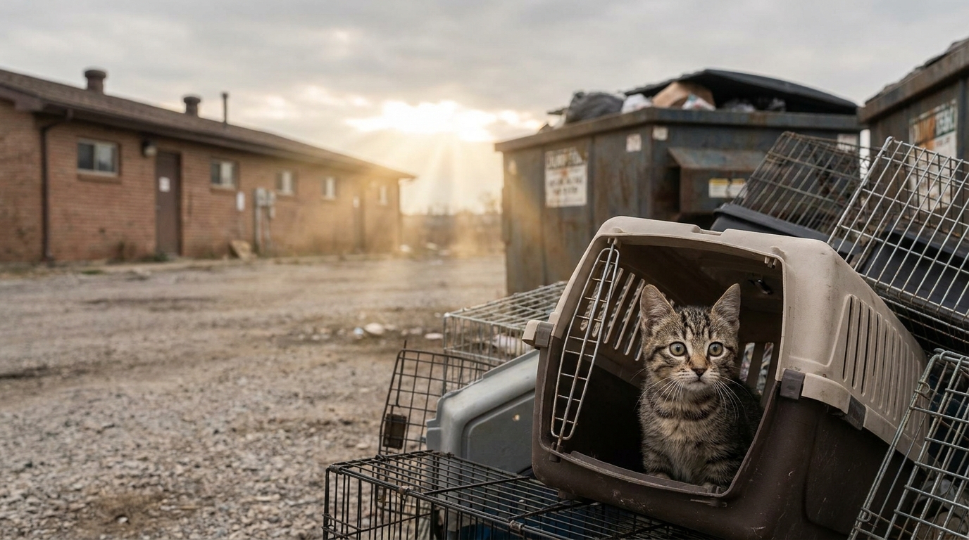 Un chat tigré au regard craintif mais curieux, se cachant dans une couverture douillette à l'intérieur d'un refuge pour animaux.
