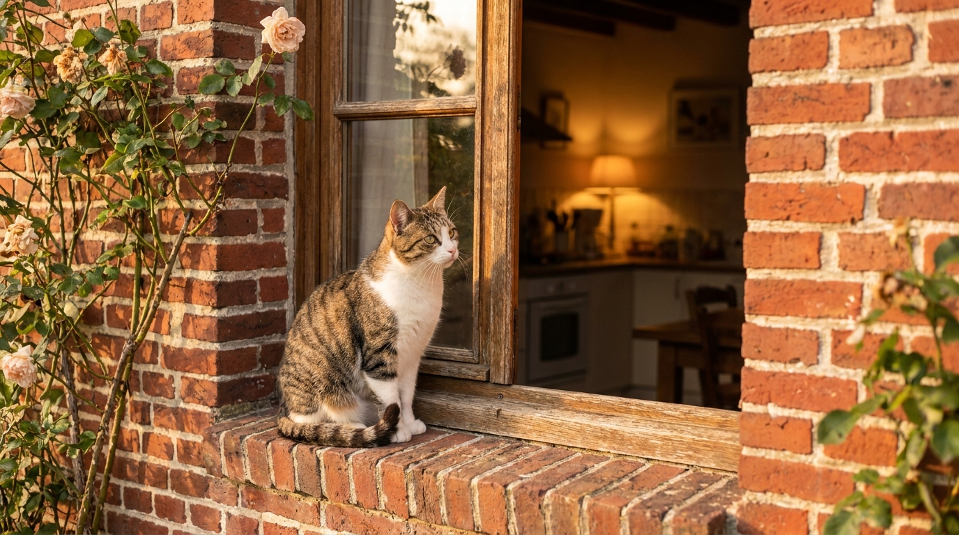 Un chat tigré regarde avec curiosité, symbolisant les retrouvailles émouvantes de Rio avec sa famille dans la Somme.