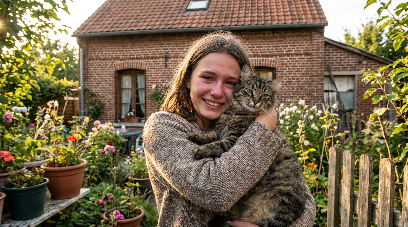 Une jeune femme serre tendrement dans ses bras son chat roux et blanc, les larmes aux yeux, après de longues retrouvailles.