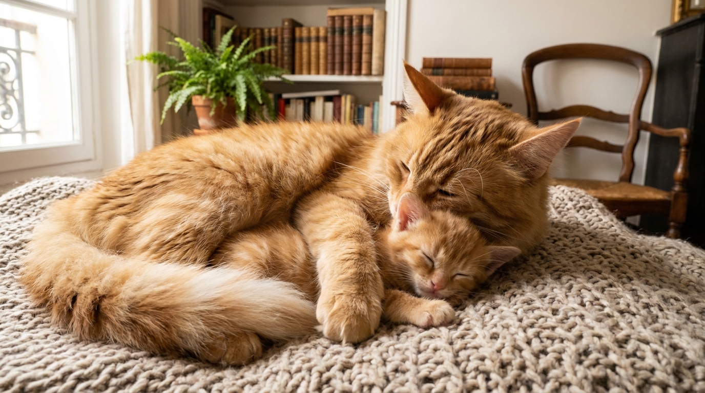 Un grand chat roux est couché et entoure de sa patte un minuscule chaton roux endormi, lui offrant protection et chaleur.