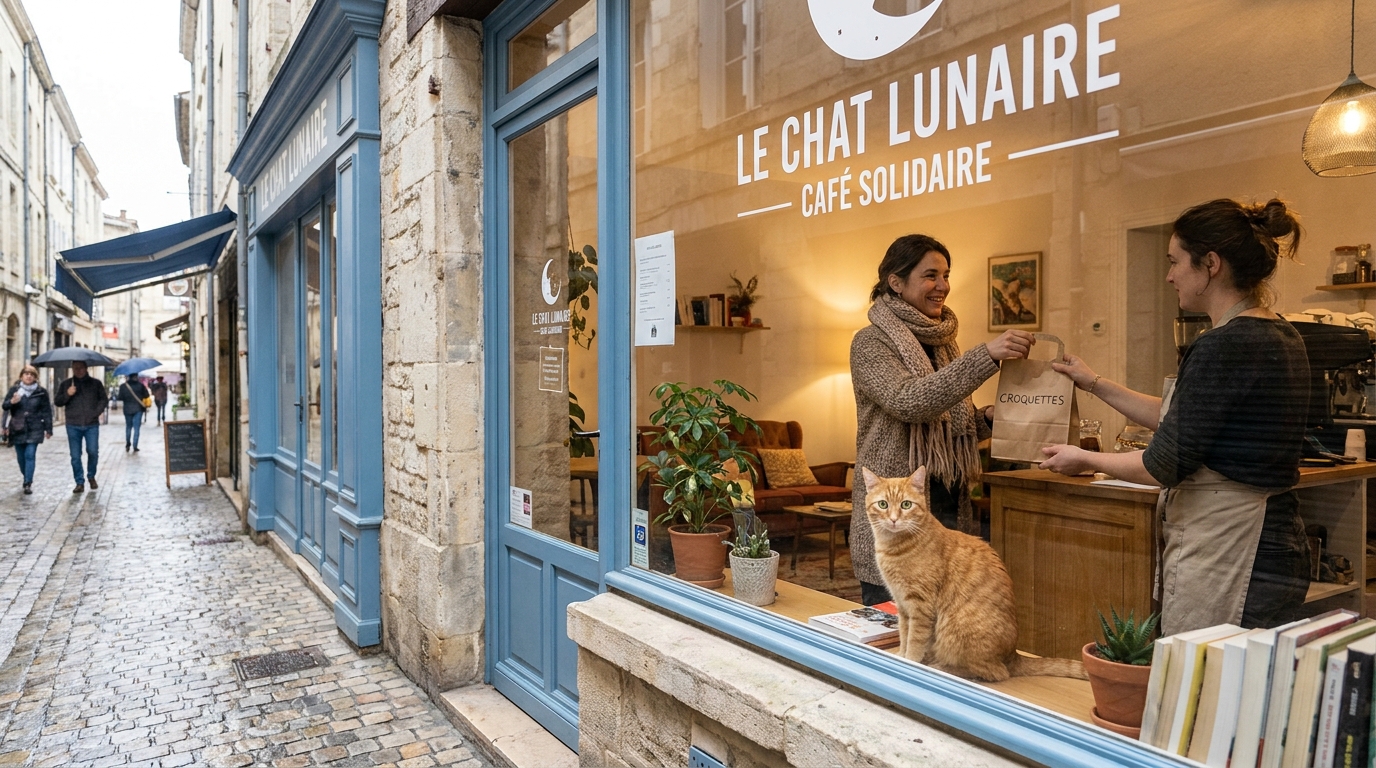 Un chat roux se frottant affectueusement contre la vitrine d'un café chaleureux à Agen, tandis que des passants s'arrêtent pour le regarder.