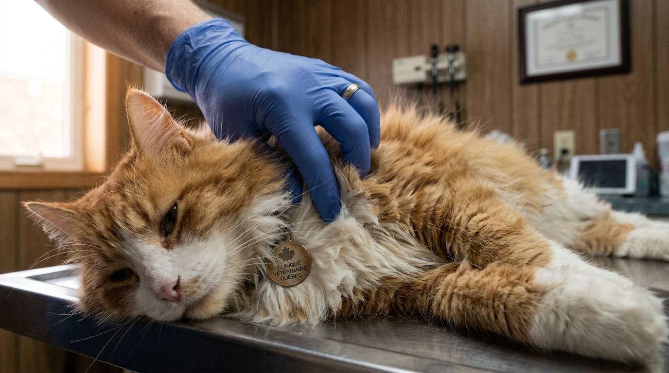 Une main gantée de vétérinaire écarte avec douceur le pelage emmêlé d'un chat roux et blanc, révélant un médaillon d'identification brillant.