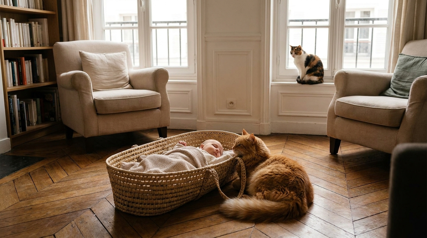 Un magnifique chat roux est couché près d'un bébé endormi dans un berceau, veillant sur lui avec une expression douce et protectrice.