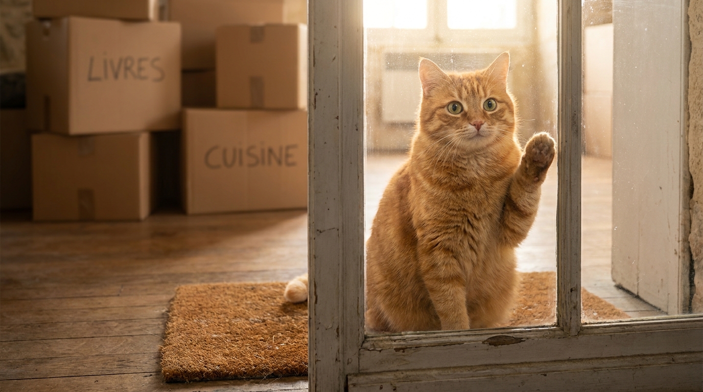 Un adorable chat roux assis sur un paillasson, regardant avec espoir à l'intérieur d'une maison à travers une porte vitrée.