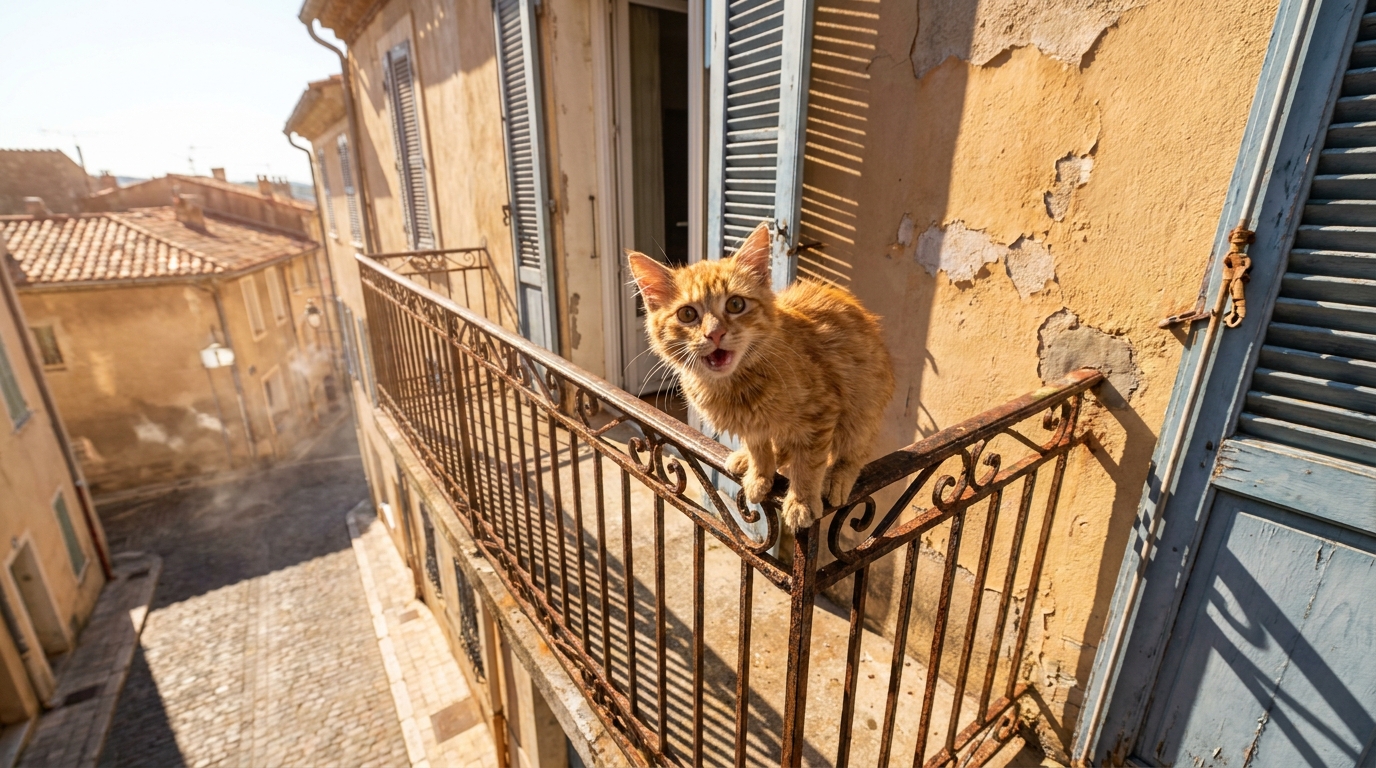 Un jeune chat roux, l'air affolé, est coincé sur un balcon en plein soleil, attendant les secours.