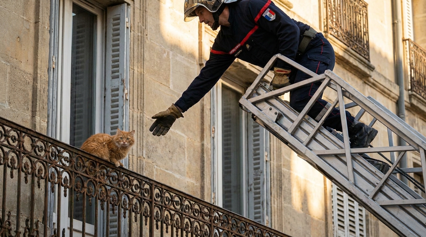 Un chat roux regarde avec espoir les pompiers français qui arrivent pour le secourir sur un balcon ensoleillé à Orange.