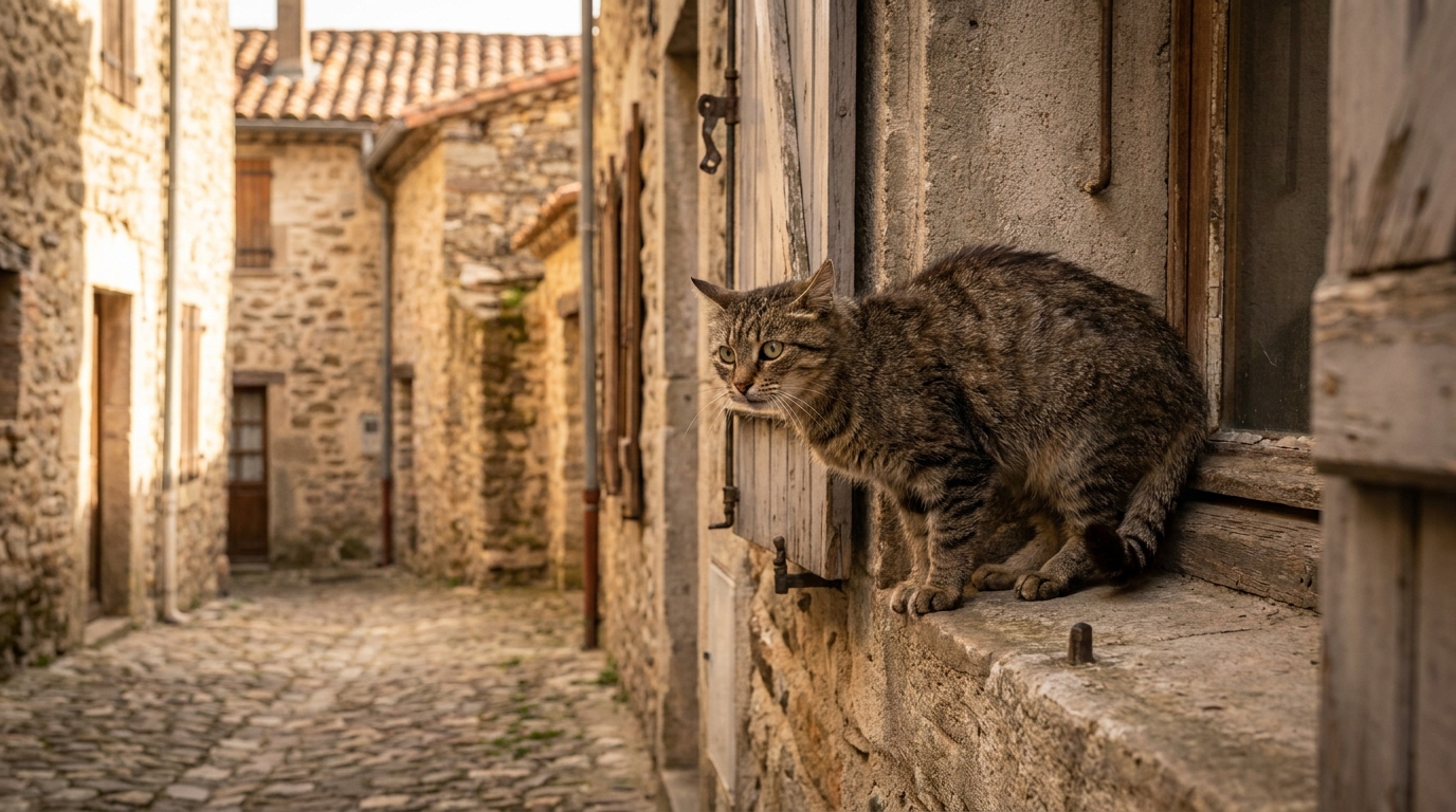 Un chat roux et blanc regarde avec inquiétude dans la rue d'un village français, illustrant le danger qui pèse sur les animaux de Mazères.