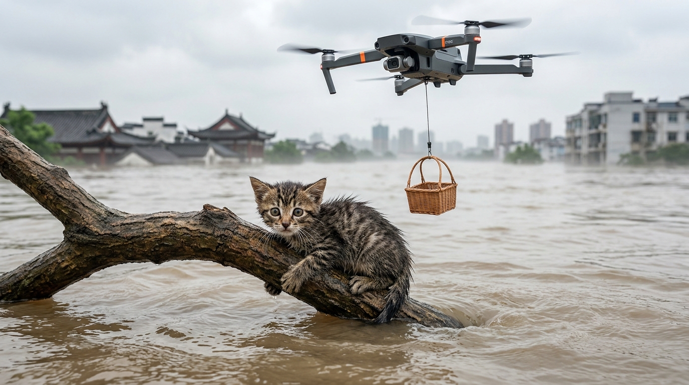 Un petit chat apeuré, accroché à une branche flottante au milieu d'une eau boueuse, regarde un drone de sauvetage qui s'approche de lui.