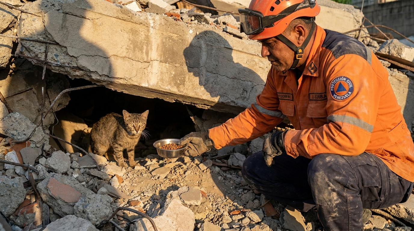 Un secouriste tend de la nourriture à un chat effrayé et affaibli qui se cache sous les décombres d'un bâtiment détruit au Venezuela.