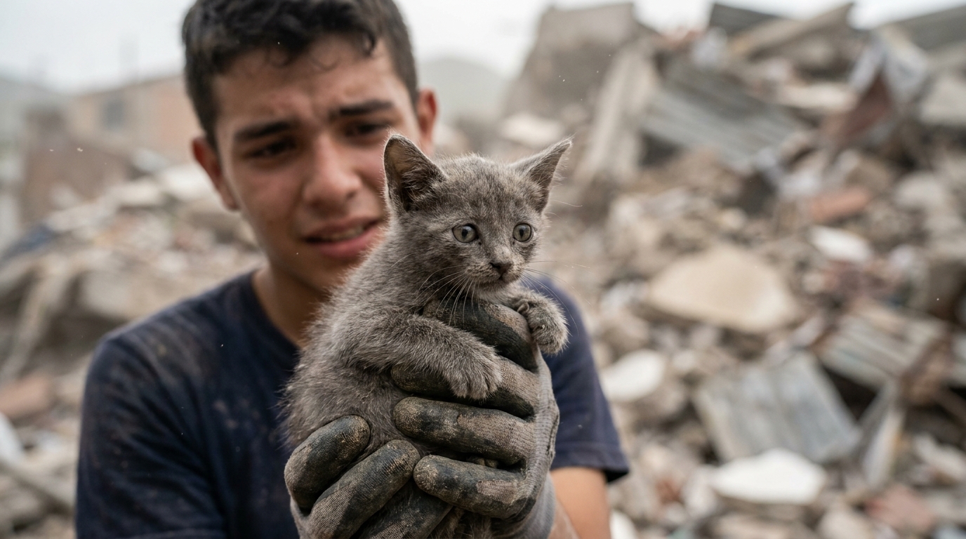 Un petit chat, encore couvert de poussière, est tenu avec précaution dans les mains d'un secouriste au milieu des ruines d'un bâtiment.