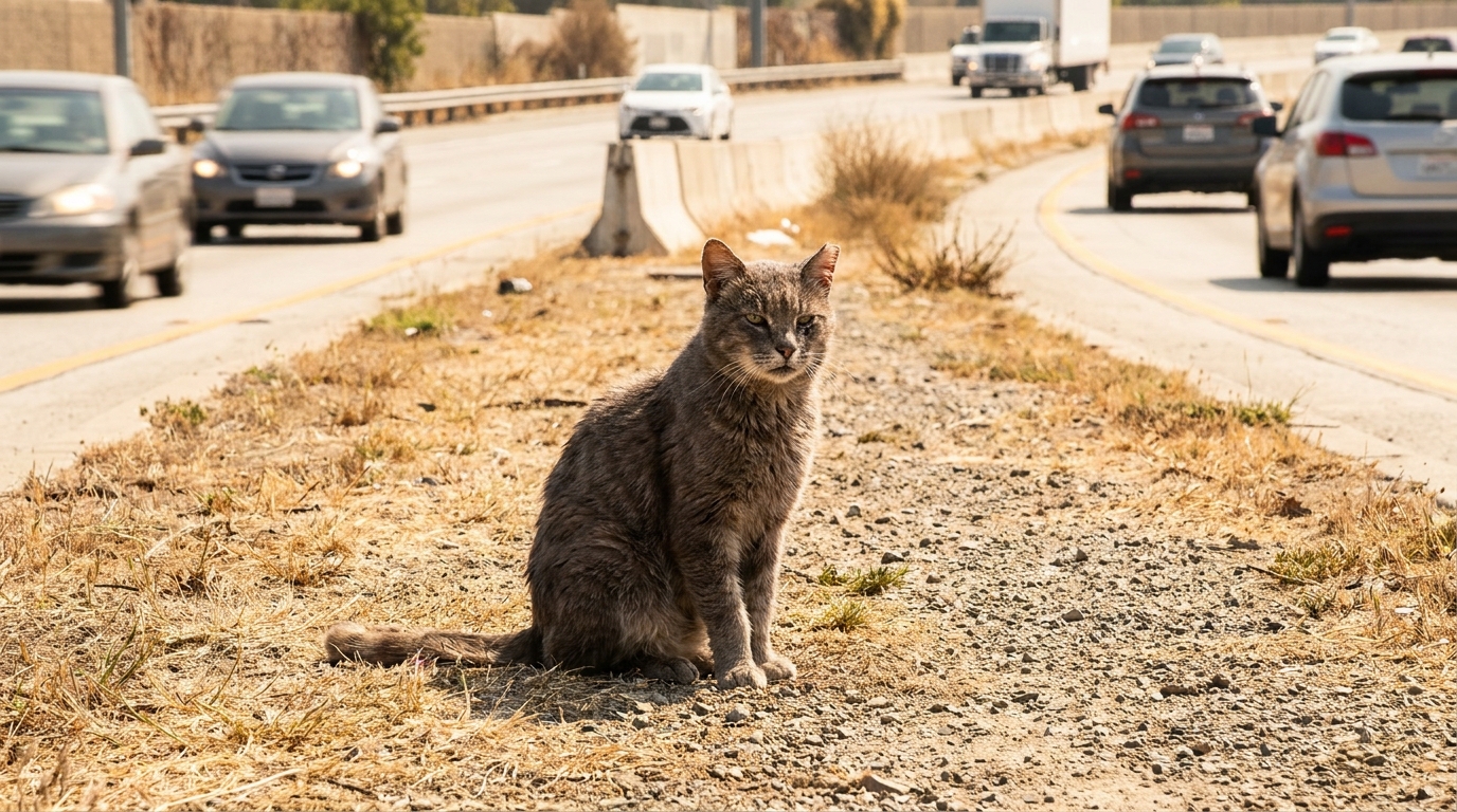 Un chat gris âgé, l'air effrayé mais en sécurité, assis sur l'herbe du terre-plein central d'une autoroute très fréquentée en Californie.