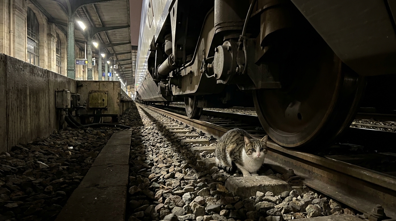 Un chat effrayé se cache sous les roues d'un TGV sur les voies d'une gare parisienne, illustrant un drame animalier.