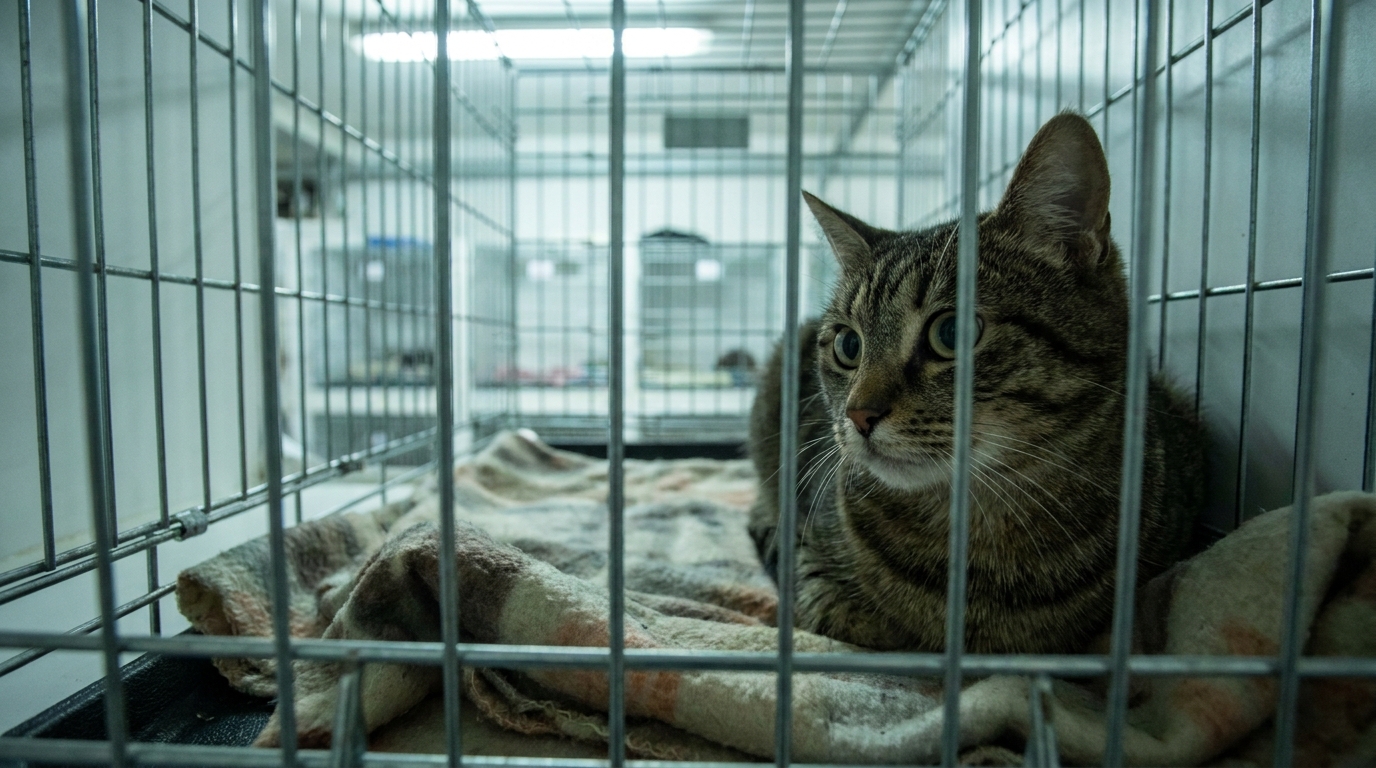 Un chat au regard anxieux est assis dans un box de pension, illustrant le stress de la garde en extérieur pendant les vacances.