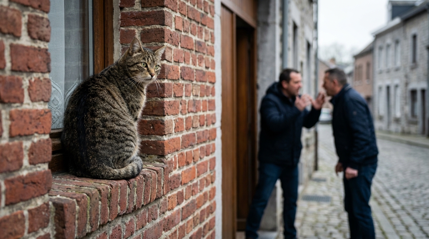 Un chat tigré assis sur un rebord de fenêtre, regardant avec inquiétude une discussion tendue entre deux hommes dans une rue de Florennes, en Belgique.
