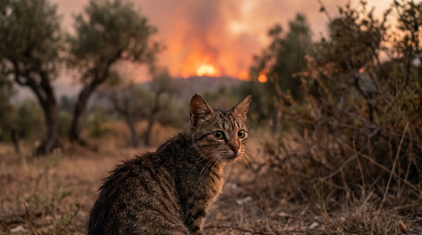 Un chat au regard effrayé se retourne, avec en arrière-plan un paysage de forêt en feu en Calabre, Italie.