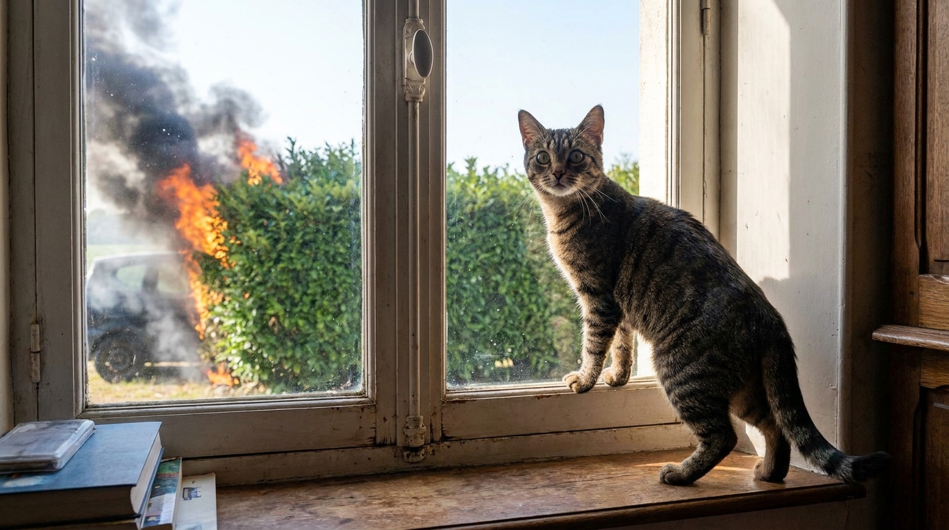 Un chat tigré aux aguets regarde par une fenêtre la nuit, tandis que de la fumée s'élève à l'extérieur, symbolisant un danger imminent.