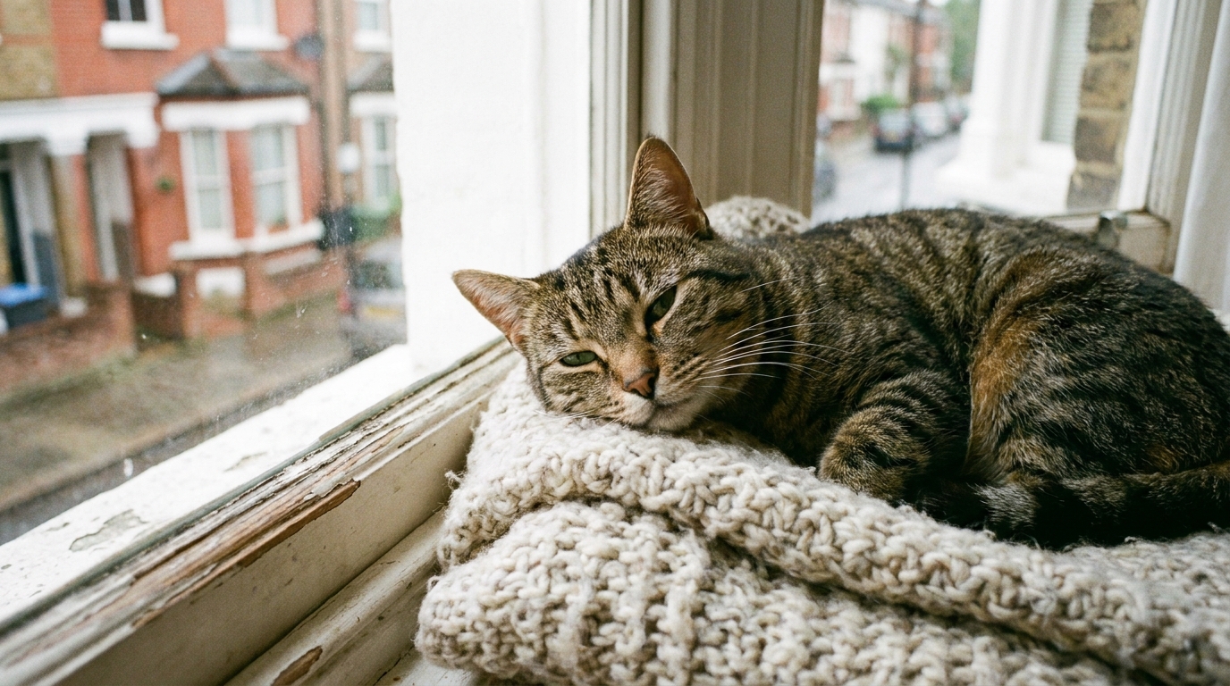 Minty, un adorable chat tigré aux yeux verts, se repose paisiblement sur une couverture douce après son sauvetage.
