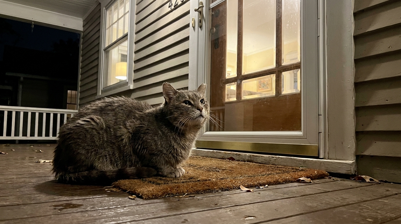 Un grand chat tigré à l'air fatigué est couché sur un paillasson devant la porte vitrée d'une maison, regardant avec espoir vers l'intérieur.