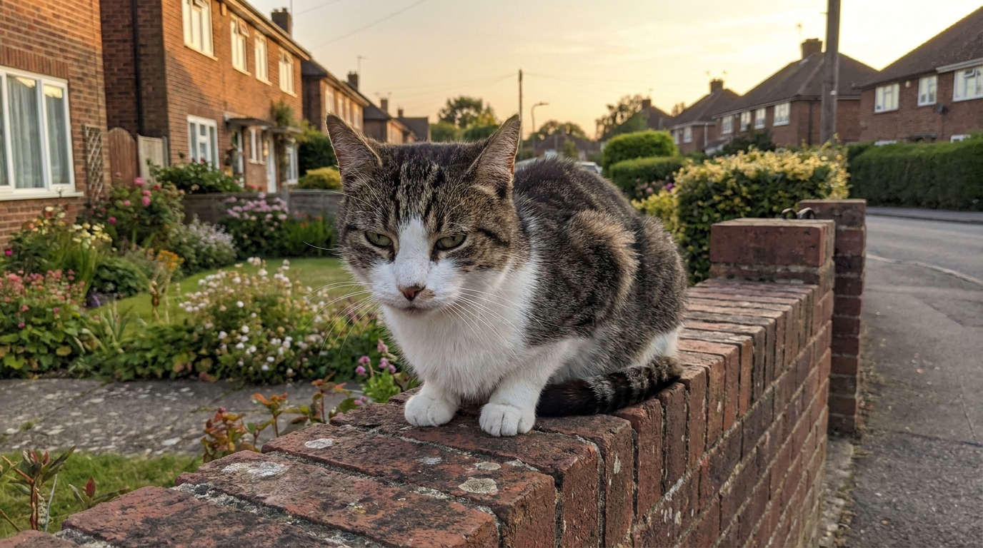 Un chat tigré regarde avec curiosité, assis sur un muret en briques dans une rue typique du Kent, au Royaume-Uni, après avoir été retrouvé.