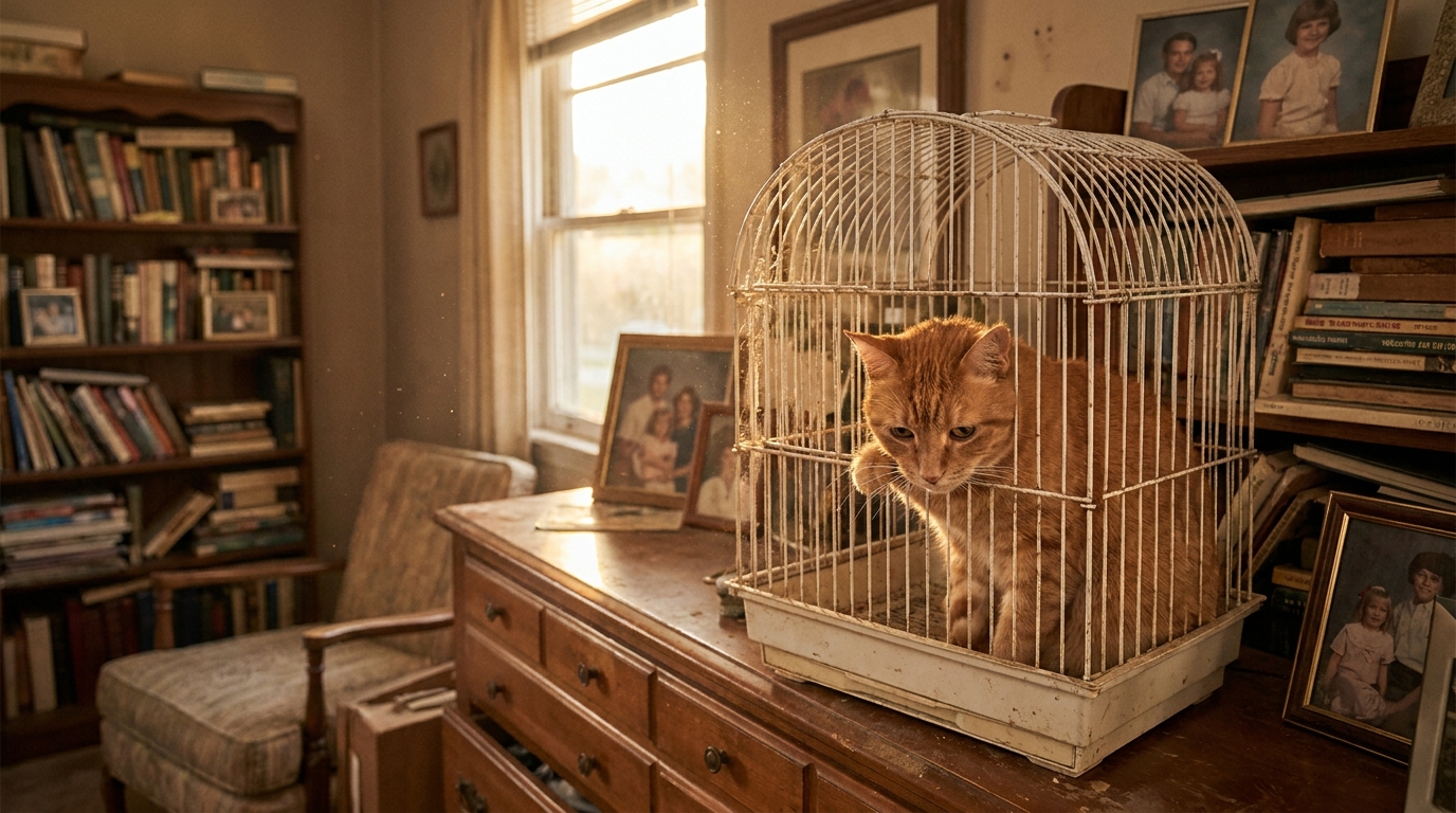 Un chat tigré au regard doux et reconnaissant, assis confortablement sur un canapé dans un salon lumineux.