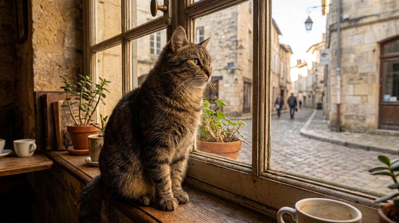 Un chat tigré est assis sur le rebord d'une fenêtre à l'intérieur d'un café chaleureux, regardant la rue à travers la vitre avec espoir.