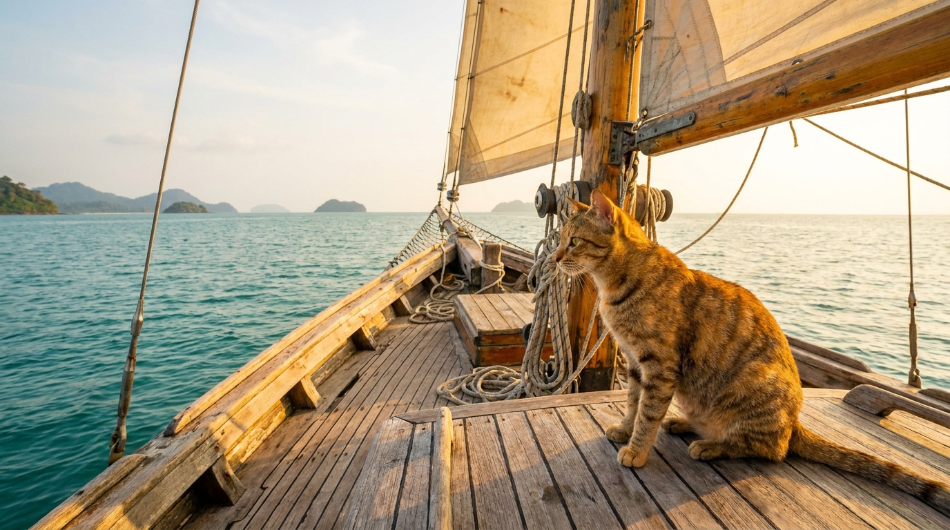 Un chat tigré assis sur le pont d'un voilier en bois, regardant l'horizon avec curiosité et calme, la mer bleue en arrière-plan.