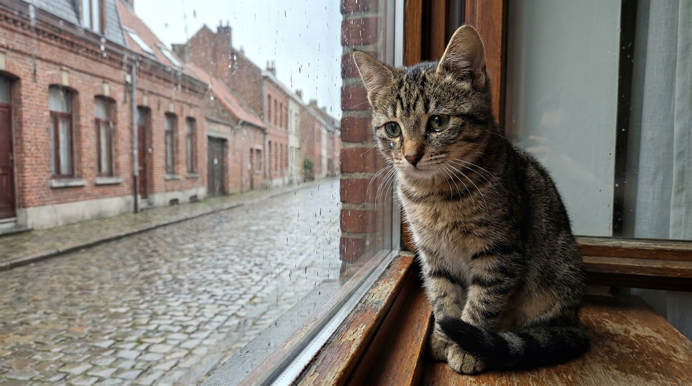 Un chat au regard mélancolique observe la pluie par la fenêtre d'une maison en briques dans le Nord de la France.