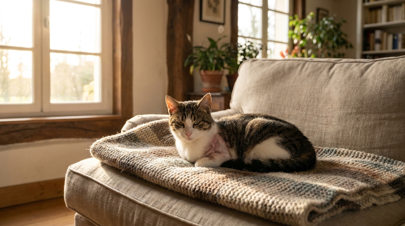 Un chat tigré à trois pattes est couché sur un canapé, une patte avant manquante. Il regarde avec douceur, en sécurité à l'intérieur d'une maison.