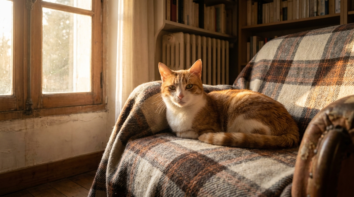 Guilly, un chat rescapé d'un piège à mâchoire, se repose en sécurité à l'intérieur, il lui manque une patte avant.