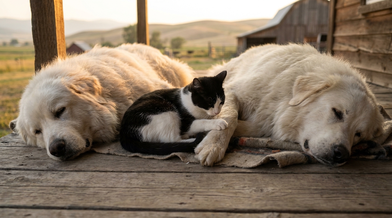 Un chat noir et blanc, Boots, est confortablement installé entre deux grands chiens blancs de la race Montagne des Pyrénées dans une ferme.