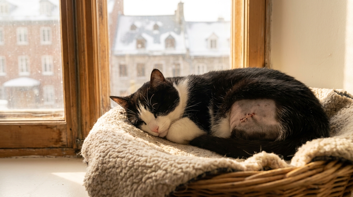 Un chat de type tuxedo, noir et blanc, se repose dans un panier douillet après son opération, l'air apaisé.