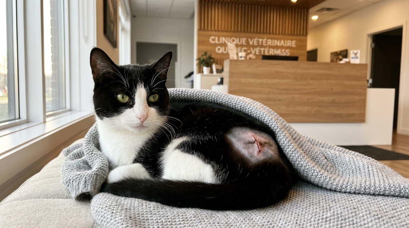 Un courageux chat noir et blanc aux yeux verts, soigné dans une clinique vétérinaire après avoir survécu à une terrible blessure.