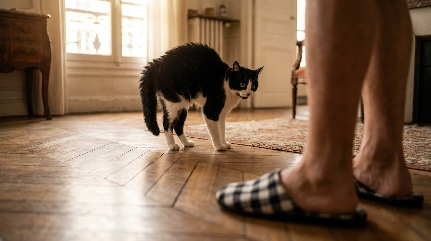 Un chat tuxedo au poil hérissé se tient le dos courbé, fixant avec méfiance une paire de pantoufles noires et blanches posées sur le sol.