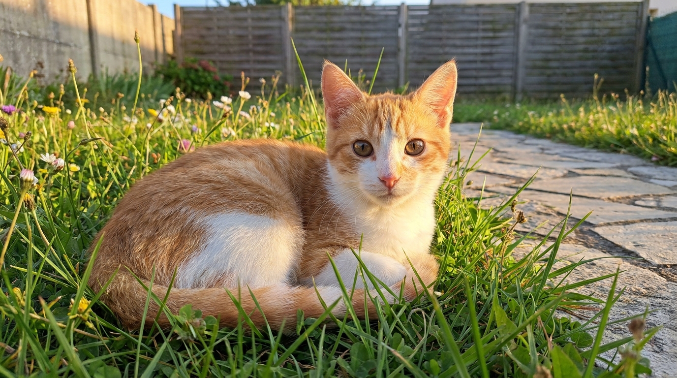 Un jeune chat roux et blanc, ressemblant à Abricot, se repose paisiblement dans un jardin ensoleillé en France.