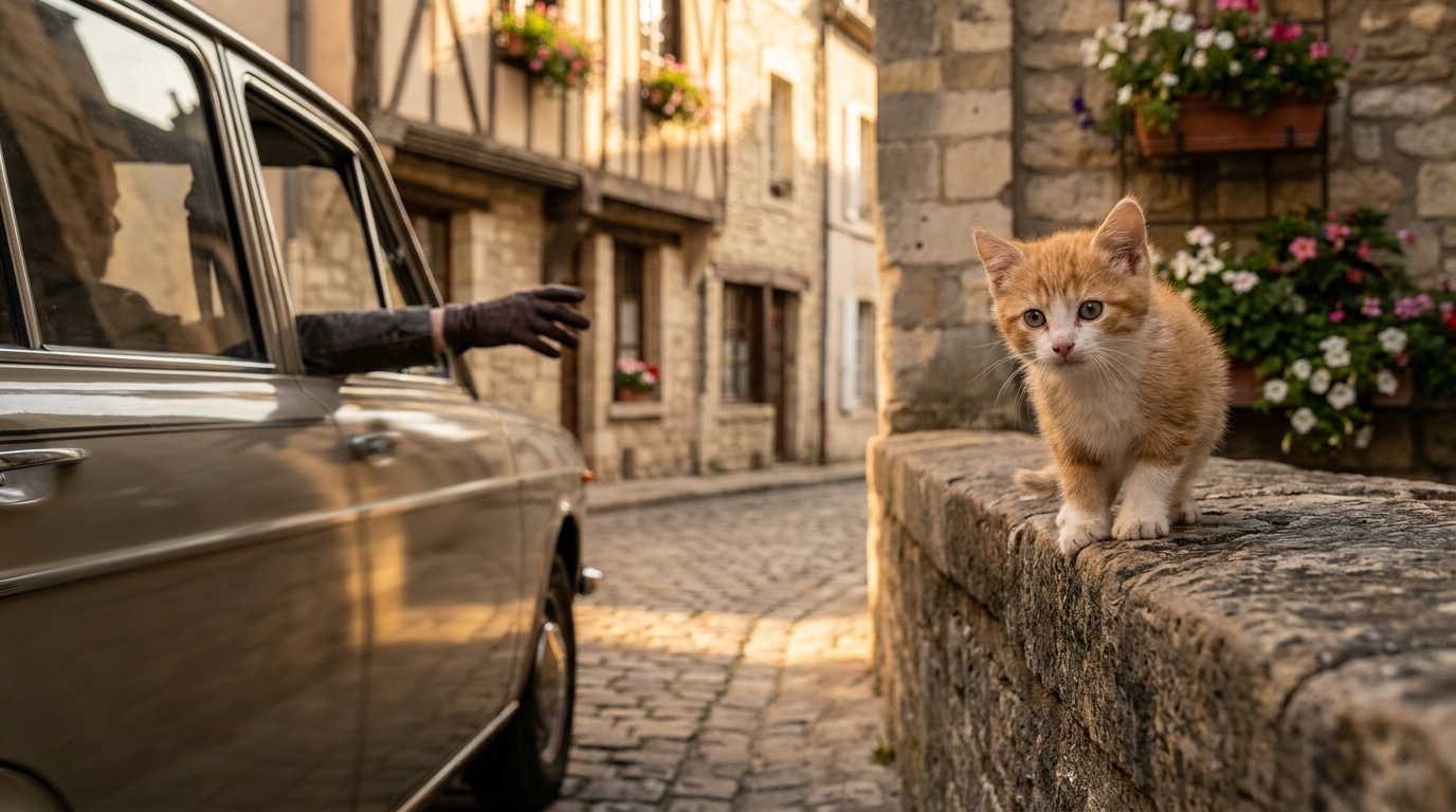 Un jeune chaton assis sur un muret en pierre dans une rue de Dijon, regardant avec curiosité une voiture qui s'arrête près de lui.