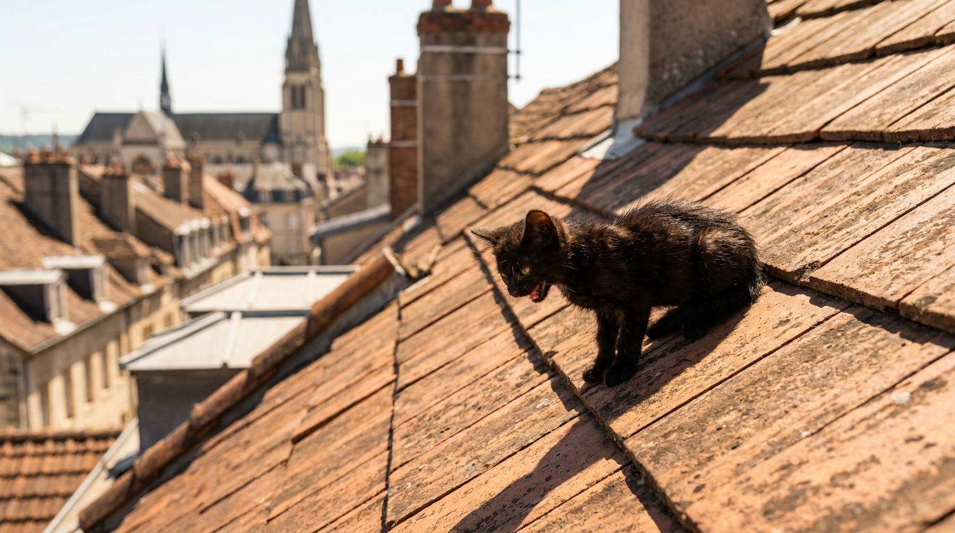 Un petit chaton noir, l'air fatigué mais en sécurité, blotti dans une couverture après avoir été secouru d'un toit en pleine canicule.