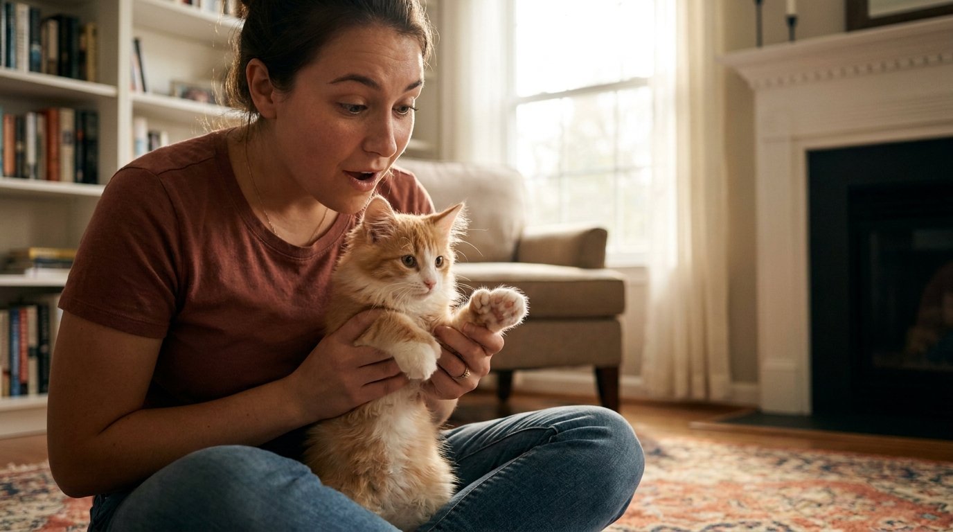 Un adorable chaton aux pattes avant larges et dotées de nombreux orteils, regardant l'objectif avec curiosité dans un intérieur chaleureux.