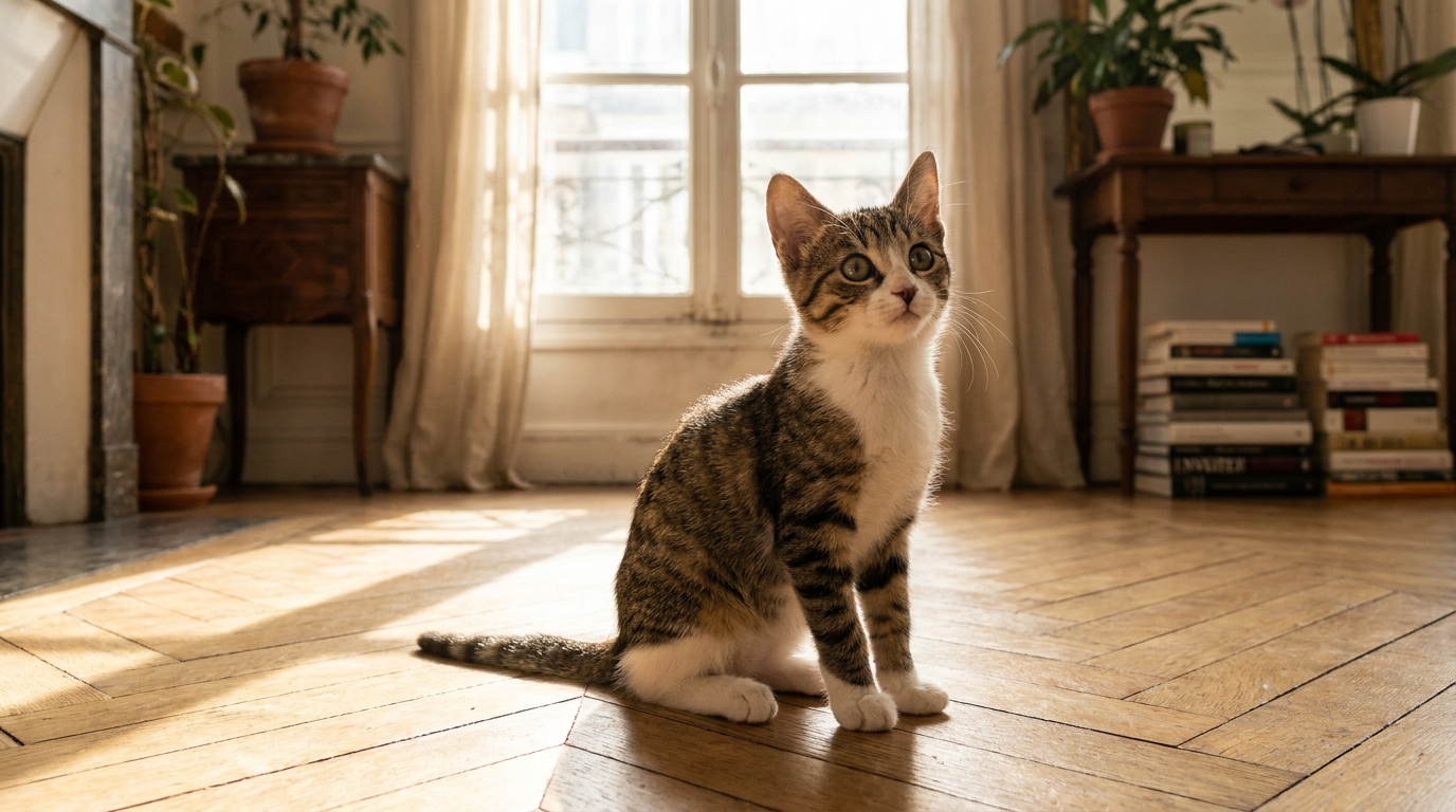 Un petit chaton tigré, Chickadee, regarde curieusement l'objectif, symbole de sa force après avoir survécu à de graves maladies.