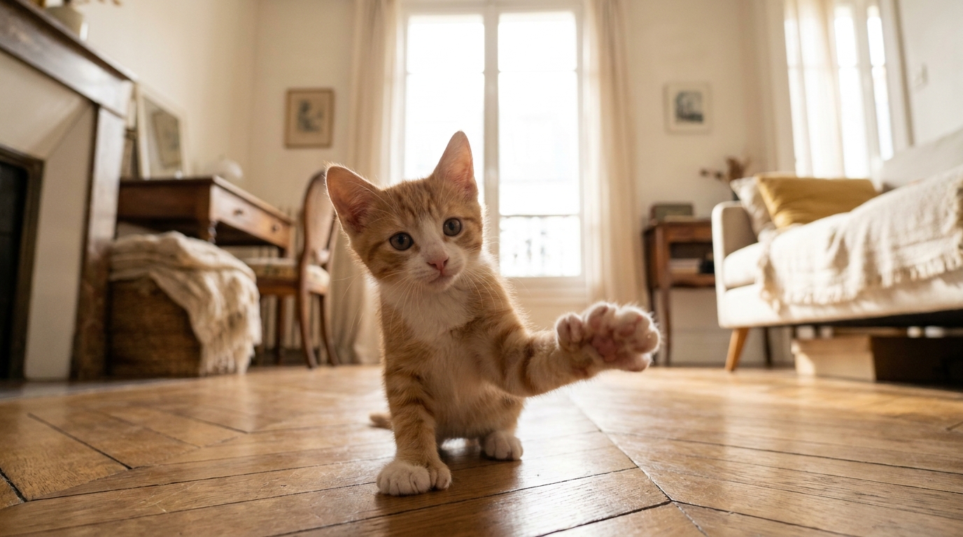 Un adorable chaton roux et blanc est assis sur un tapis et regarde l'objectif avec curiosité, l'une de ses pattes polydactyles visible.