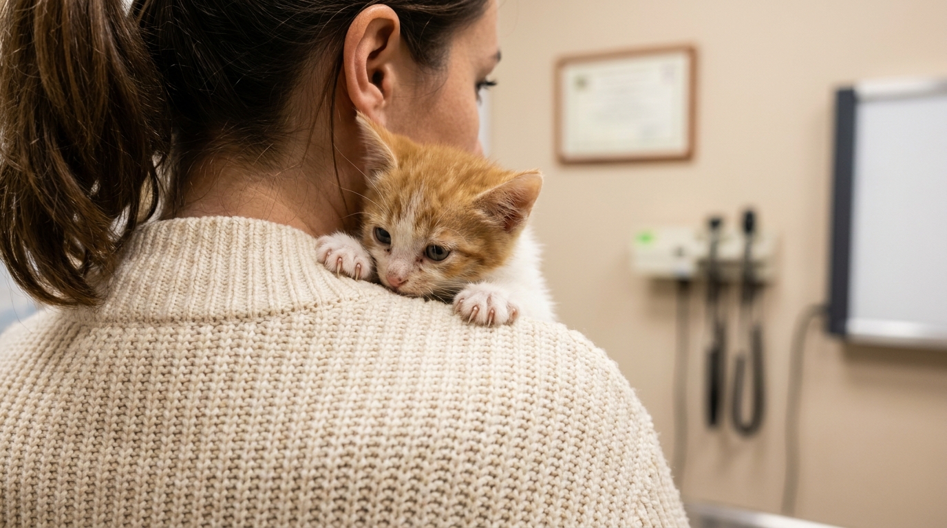 Un petit chaton roux et blanc s'agrippe tendrement au cou d'une jeune femme, les yeux fermés, exprimant sa gratitude et son attachement.