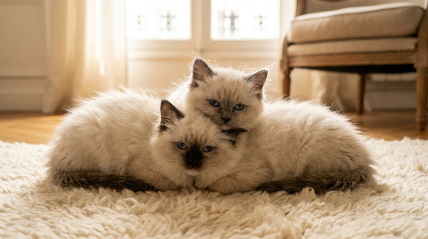 Deux adorables chatons frères de race Ragdoll blottis l'un contre l'autre sur un tapis, symbolisant leur lien inséparable.