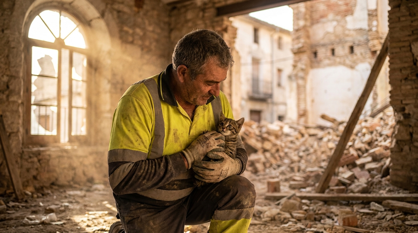 Un ouvrier du bâtiment tient délicatement un petit chaton tigré dans sa main gantée, sur un chantier de démolition en arrière-plan.