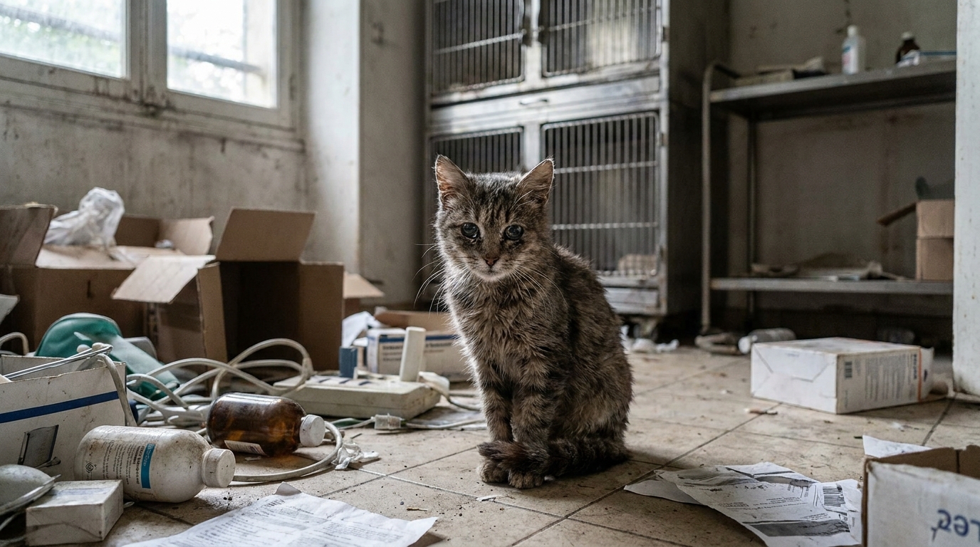 Un chat au regard triste regarde à travers la porte d'une cage dans un environnement sombre qui ressemble à une clinique vétérinaire.