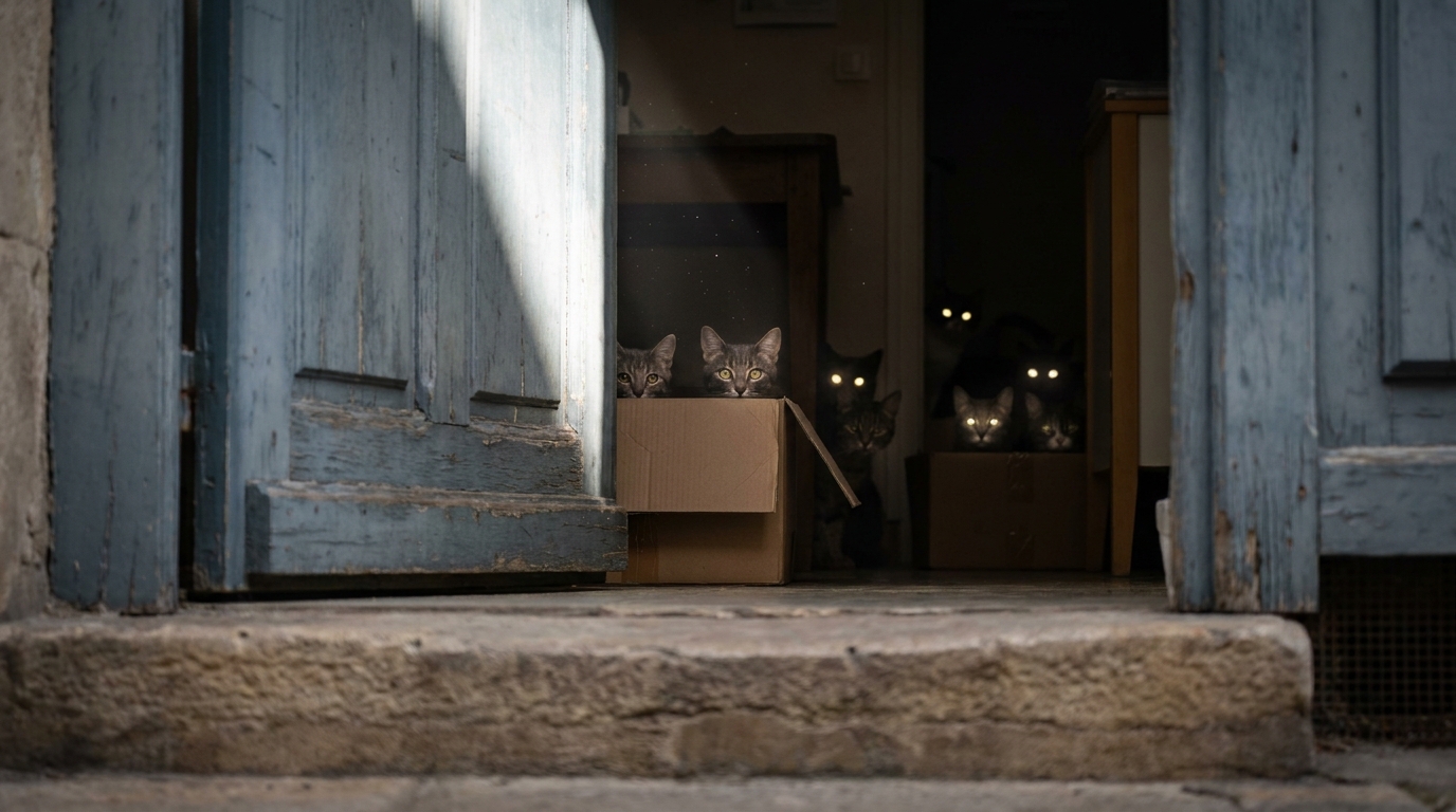 Un groupe de chats de couleurs différentes, l'air craintif mais curieux, dans un intérieur sombre et désordonné d'une clinique.