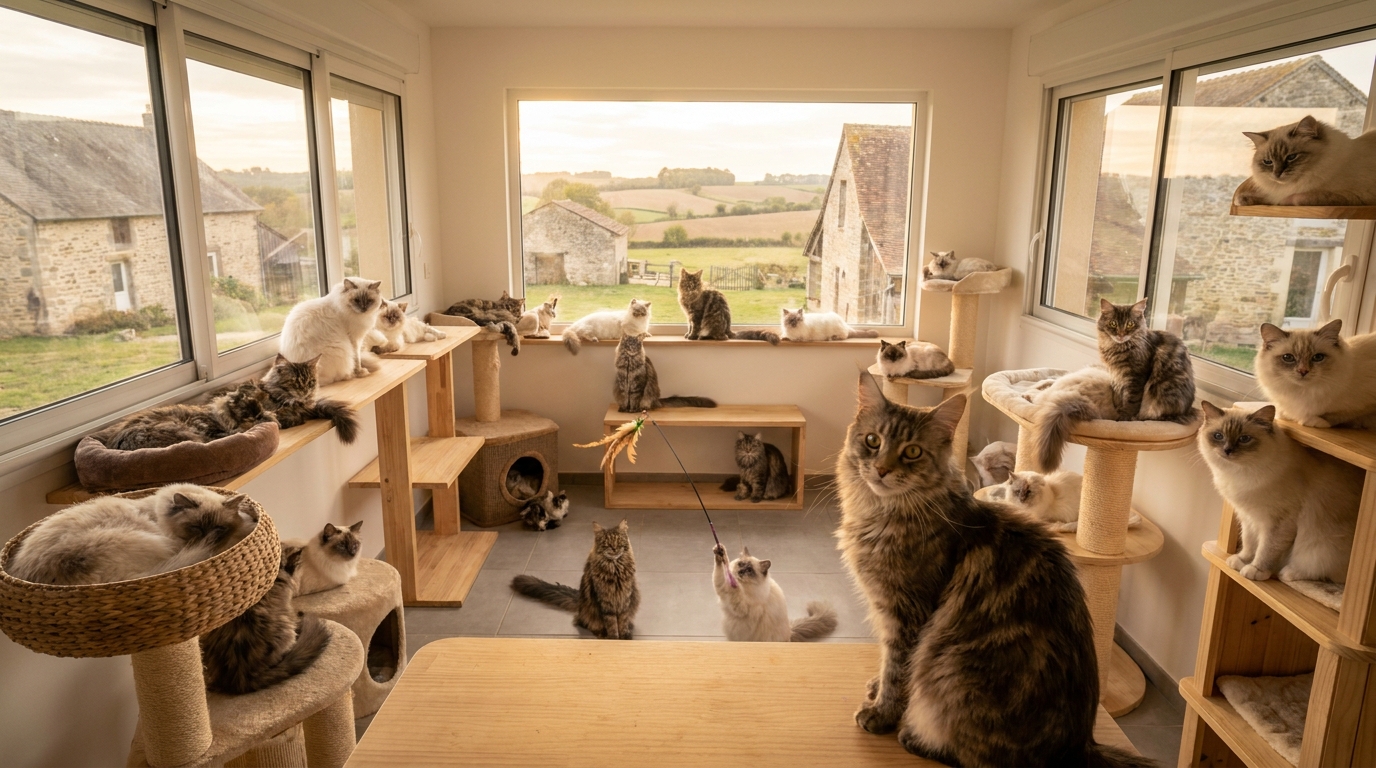 Plusieurs chats de différentes couleurs et âges regardent avec curiosité dans un grand enclos lumineux d'un élevage en France.