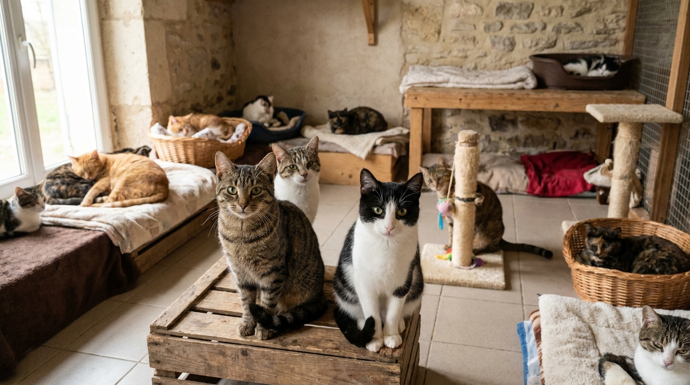 Plusieurs chats de couleurs différentes regardent à travers les barreaux d'un enclos dans un refuge, leurs yeux exprimant l'attente et l'espoir.
