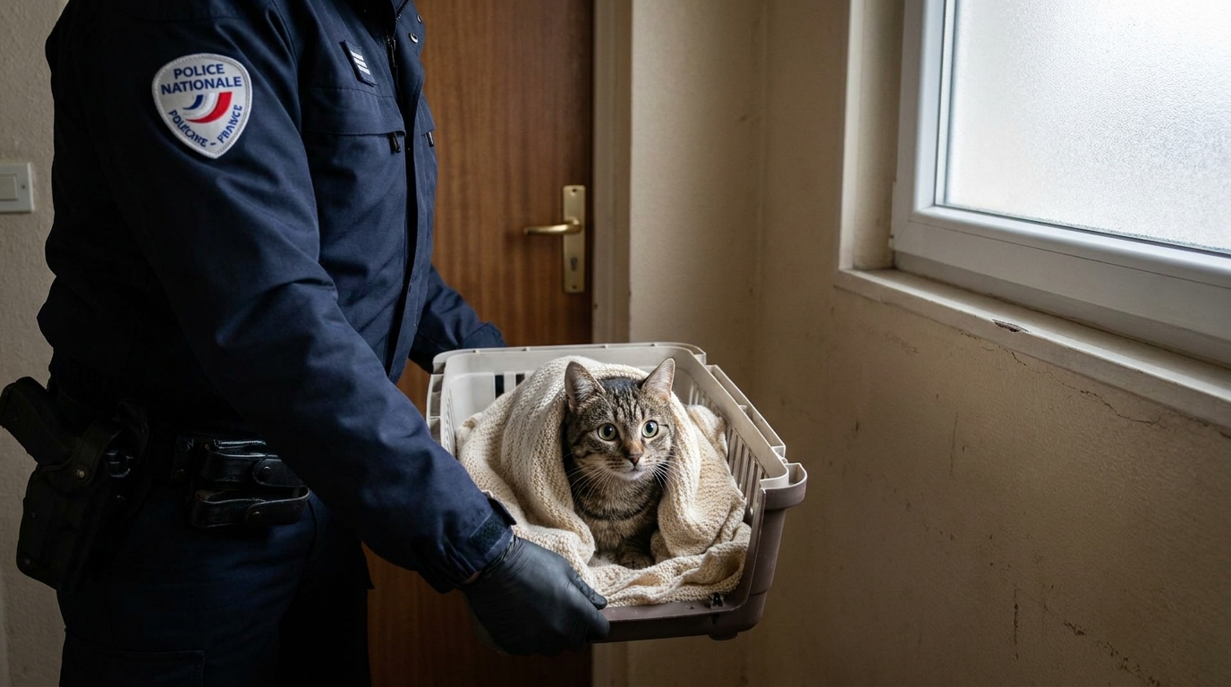Un petit chat apeuré regarde depuis sa cage de transport après avoir été sauvé d'un acte de maltraitance dans le Nord de la France.