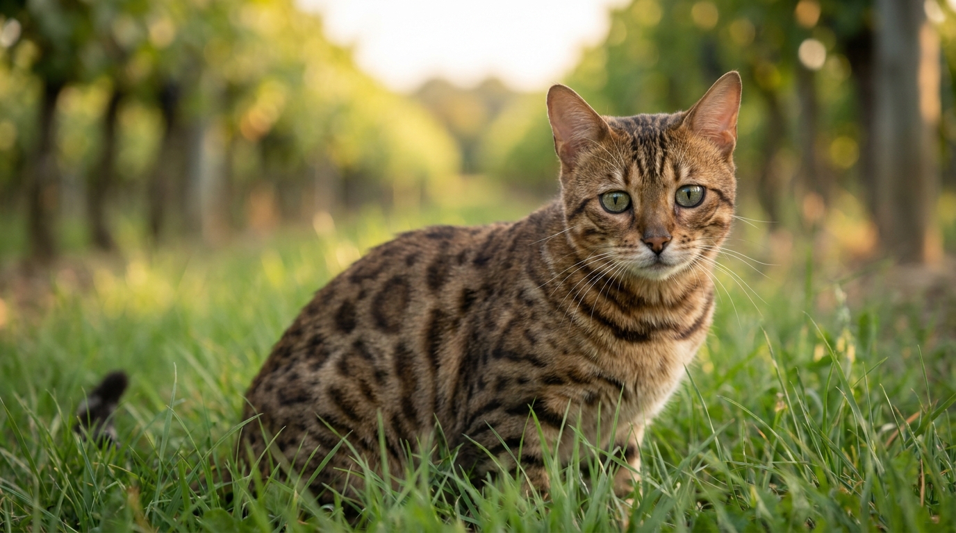 Une chatte Bengal tachetée est assise dans l'herbe d'un jardin en France, son regard semble mélancolique et perdu.